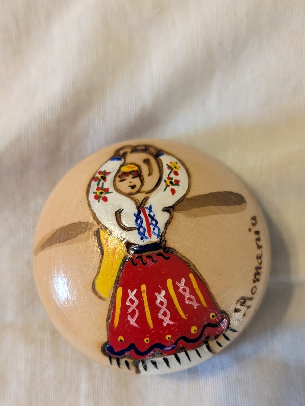 Hand-Painted Romanian Folk Doll On Small Trinket Box- Red, Yellow, White